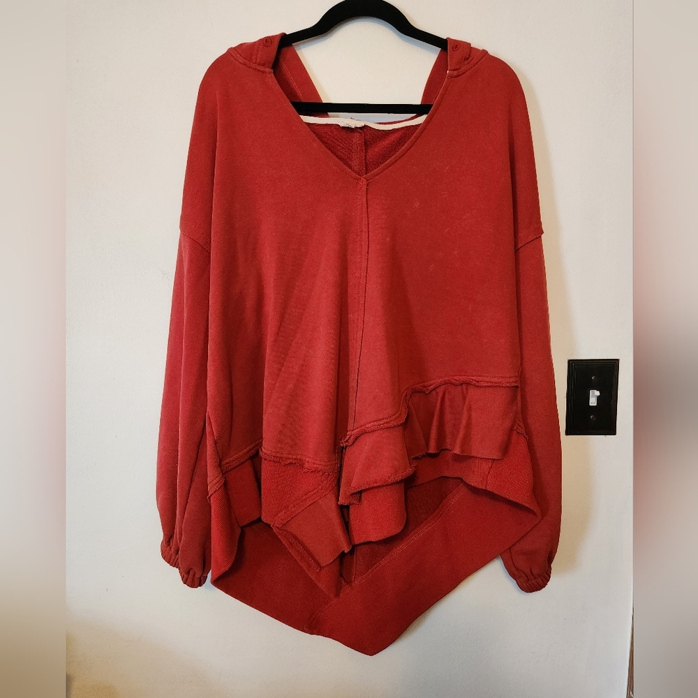 POL Reddish Orange Oversized Hooded Handkerchief Hem Sweatshirt Size M